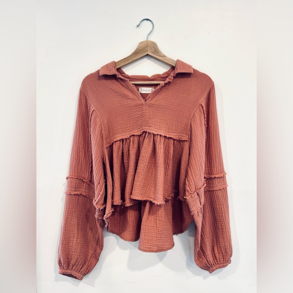 Altar’d State Emmeline Blush Pink Boho Drop Sleeve Peplum Puff Sleeve To…